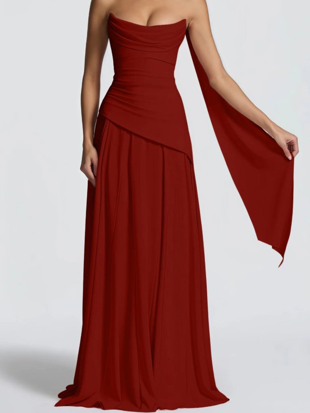 Miss Rosier Romane Burgundy Strapless Corset Chiffon Maxi Dress